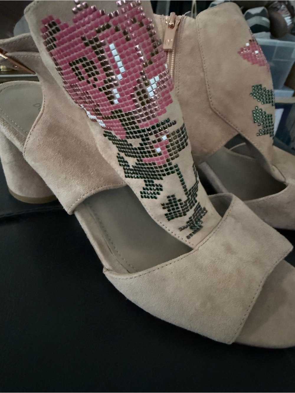 Donald J. Pliner 9 Beige Suede Open-Toe Heels with Pink & Green Crystal Floral